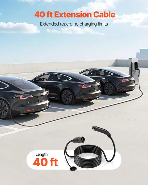 Slick 40 Foot EV Charger Extension Cord For Tesla With Nacs Plug And 48 Amp 240V Level 1 2 Electric Vehicle Power Wire, parked Teslas.