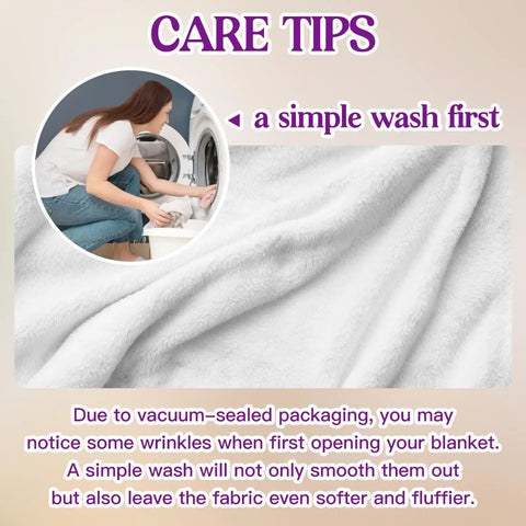 Woman washing Blue Purple Throw Blanket 50x60 Inches With Inspirational Quotes Grid Design, showing fabric texture and care tips.