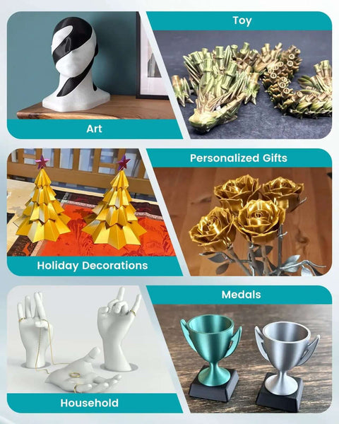 Collage showing various 3D printed items using Silk PLA Plus Filament 1.75mm 1kg Silver with chrome-like gloss finish and smooth silk texture.