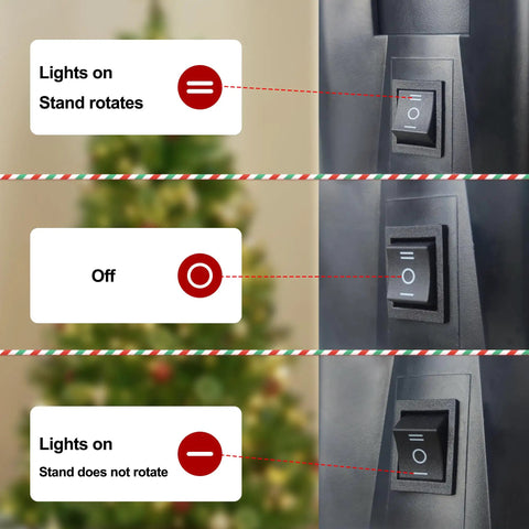 Close-up of a switch indicating three settings: lights on with rotation, off, and lights on without rotation, with a blurred background.