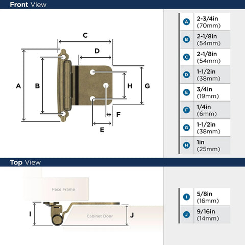 Burnished Brass Face Frame Cabinet Hinge Set With Variable Overlay And Reverse Bevel 30 Degree Self Closing Beefy Heavy Duty Steel 2 Pack For Cabinet Doors Easy Install with dimensions and diagrams in front and top view.