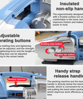 Electric Handheld Welding Strapping Machine For Pet And Pp Straps Portable Automatic Baler Tool With Tensioner Fast Seal Easy Use Heavy Duty Binding Supply showing non-slip handle and adjustable buttons.