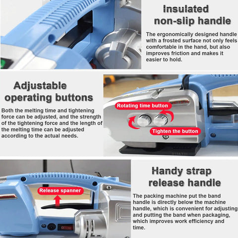 Electric Handheld Welding Strapping Machine For Pet And Pp Straps Portable Automatic Baler Tool With Tensioner Fast Seal Easy Use Heavy Duty Binding Supply showing non-slip handle and adjustable buttons.