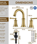 Brushed Gold 8 Inch Three Hole Bathroom Faucet With Pop Up Drain And Two Supply Hoses For Vanity Lavatory RV Farmhouse