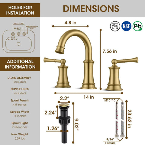 Brushed Gold 8 Inch Three Hole Bathroom Faucet With Pop Up Drain And Two Supply Hoses For Vanity Lavatory RV Farmhouse
