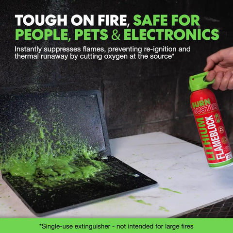 Lithium Ion Battery Fire Gel 1 Pack For Electronics being used on a small fire on a laptop