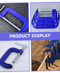 Display of multiple 4-Inch Metal G Clamp Desk Mount Quick Woodworking Clamps in blue for carpentry and DIY projects.