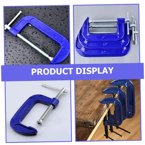 Display of multiple 4-Inch Metal G Clamp Desk Mount Quick Woodworking Clamps in blue for carpentry and DIY projects.