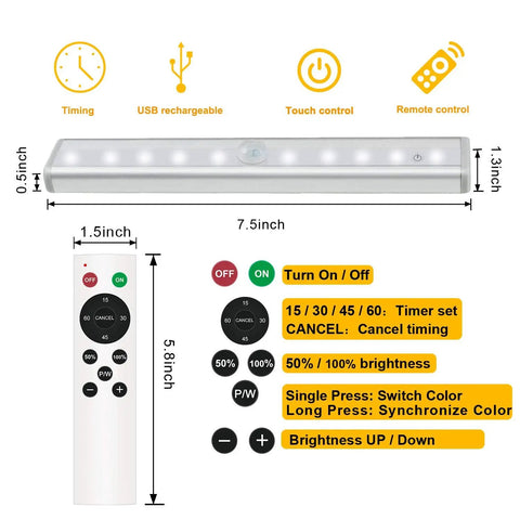 20 LED Rechargeable Under Cabinet Light Bar With Remote Control Wireless Stick Anywhere Night Light For Stairs Wardrobe Kitchen Hallway Touch Control 80LM 1 Pack with dimensions and features