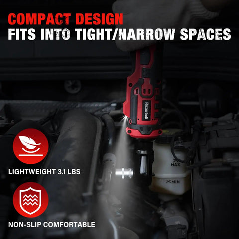 Three Eighths Inch Cordless Ratchet Wrench Set With Brushless Motor Delivers 88 Ft Lbs Torque At 500 RPM On A 20V Battery A Powerhouse For Pros And DIY Easy One Hand Operation And Quick Socket Changes compact ratchet in tight engine space