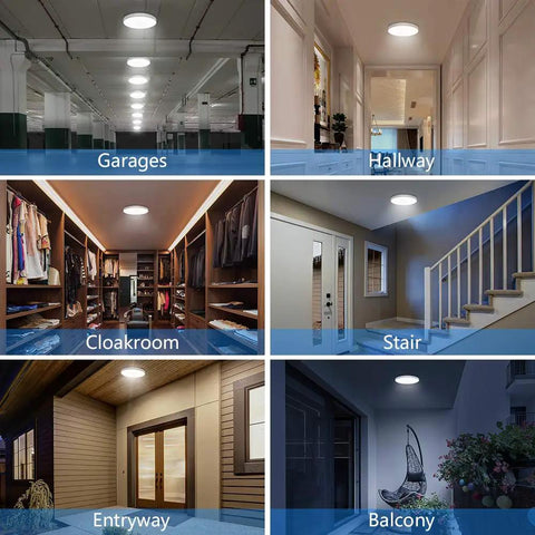 Super Bright Motion Sensor Ceiling Light With Radar And Ambient Light Sensor, 12W LED Flush Mount in various settings like garage and hallway