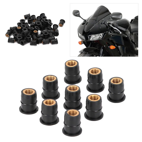 Tough As Nails 50 Pack M6X0.8MM Motorcycle Windscreen Well Nuts, rubber fasteners with brass inserts for stabilizing windshields.