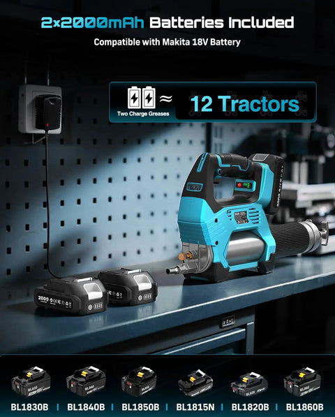 10000 PSI Electric Grease Gun With 3 Speed Control Cordless Battery Pack 2 Batteries Brushless Motor displayed on workbench