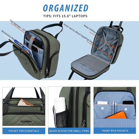 Open Underseat Carry-On Roller Luggage 16 Inch Lightweight Bag with compartments for essentials and devices, Army Green