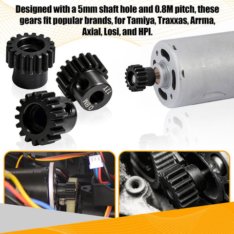 Three Pack Pinion Gear Sets In Zero Point Eight M Module With Seventeen Teeth And Five Millimeter Bore For One Eighth And One Tenth Scale RC Cars Monster Trucks And Buggies, Hardened Steel, Durable, Fits Traxxas Arrma Losi Axial HSP Redcat Tamiya