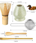 Pro Grade Matcha Whisk Set With 76 Prong Chasen For Smooth Froth And Creamy Flavor Includes Whisk Holder Ceramic Mottled Green Stand Bamboo Scoop Powder Starter Sifter And Comprehensive Japanese Tea Tools Gift Kit showing whisk, holder, and utensils