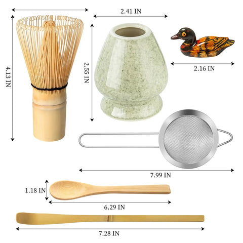 Pro Grade Matcha Whisk Set With 76 Prong Chasen For Smooth Froth And Creamy Flavor Includes Whisk Holder Ceramic Mottled Green Stand Bamboo Scoop Powder Starter Sifter And Comprehensive Japanese Tea Tools Gift Kit showing whisk, holder, and utensils