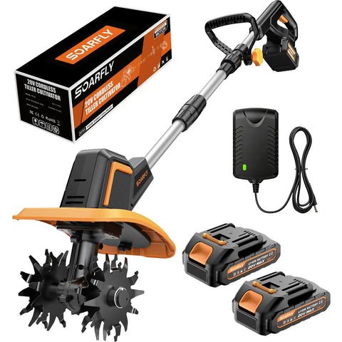Upgraded Cordless Garden Tiller With Dual 2.0Ah Batteries, 9-Inch Width, 48 Steel Tines, Rototiller Cultivator, charger, and box