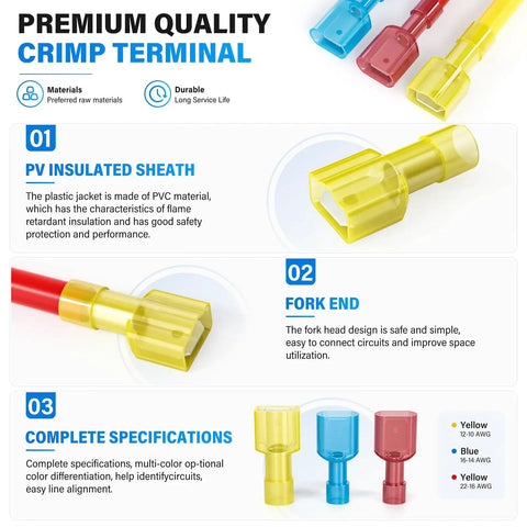 Nylon Spade Electrical Connectors Kit 60 Pieces Heavy Duty Copper Crimp Terminals For Car Audio Marine House Projects Anti Corrosion Visual Inspection Translucent Shells Easy Wire Work Fix, yellow insulated spade terminal