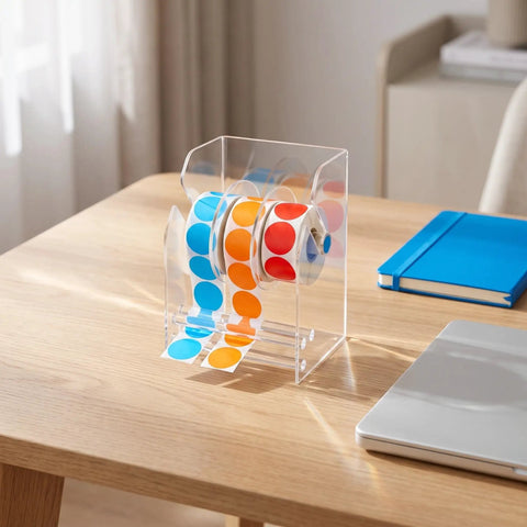 Acrylic Label Dispenser With Adjustable Three Slots For Shipping And Fast Paced One Hand Loading For Printing Shops DIY Areas And Busy Ecommerce Workflows A Reliable Label Roll Holder And Tape Storage Solution on desk with three label rolls