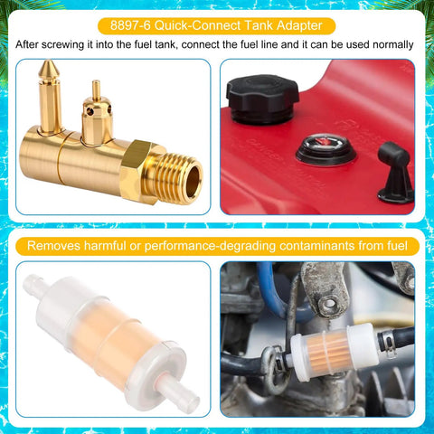 Outboard Fuel Line Hose Kit Five Sixteenth Inch Ten Feet With Primer Bulb And Quick Female Tank Connector Plus Fuel Filter Brass Tank Pro Grade Compatible With Yamaha Mercury Johnson OMC Motors 4 HP To 200 HP components, including brass quick-connect adapter and fuel filter.