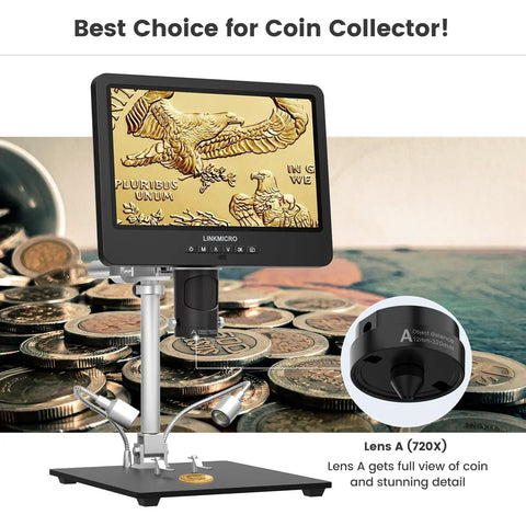 All In One Pro Grade Soldering Microscope Station With 3 Lens displaying coin on screen