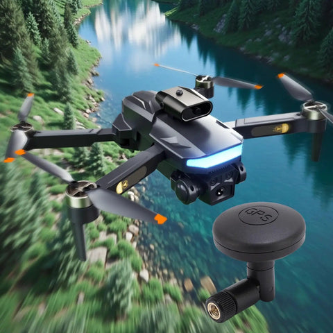 Drone flying over river featuring High Gain Ceramic Mushroom Antenna With SMA Connector Foldable Antenna for navigation