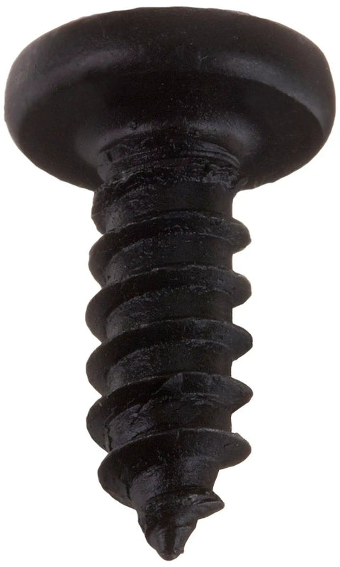 Badass High Strength Steel Sheet Metal Screws With Phillips Pan Head And Black Oxide Coating, close-up of black pan head screw.
