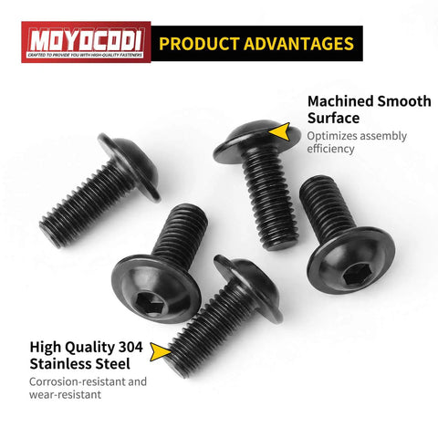 Top Shelf M6 X 20Mm Flanged Button Head Hex Socket Cap Screws 304 Stainless Steel Black Oxide Finish 4 screws with smooth surface.