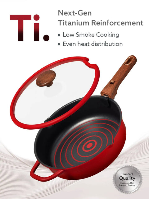 Red pan from 20 Piece Titanium Nonstick Cookware Set With Detachable Handle For Induction Cooking Non Toxic PFOA Free Dishwasher Safe Oven Safe Camping