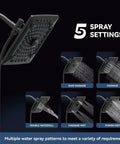 Rain Shower Head and Handheld Combo With 60 Inch Hose, Dual Adjustable Shower Set showcasing 5 spray settings in diagram.