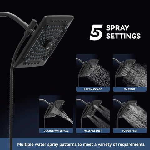 Rain Shower Head and Handheld Combo With 60 Inch Hose, Dual Adjustable Shower Set showcasing 5 spray settings in diagram.