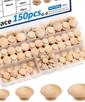 150 Piece Wood Plugs Assortment Kit With Four Sizes 3/16 Inch 5/16 Inch 3/8 Inch And 1/2 Inch For Holes In Furniture Tables Chairs Cabinets And Outdoor Equipment Made From Premium Schima Wood in clear compartment box