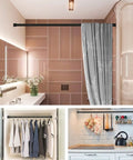 No Sectional Assembly Tension Curtain Rod 56 To 104 Inches 1 Inch Diameter Adjustable Shower Rod in bathroom and closet setup