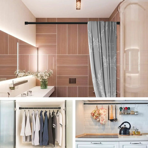 No Sectional Assembly Tension Curtain Rod 56 To 104 Inches 1 Inch Diameter Adjustable Shower Rod in bathroom and closet setup