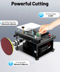 Compact Mini Table Saw For DIYers, Adjustable 0 To 90 Degree Angle, 1.38 Inch Cutting Depth, shown in use with features highlighted