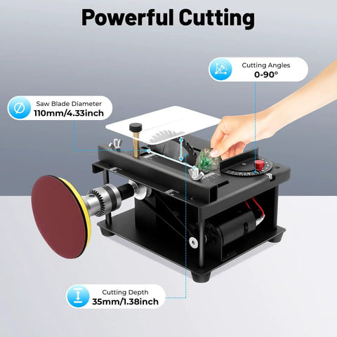 Compact Mini Table Saw For DIYers, Adjustable 0 To 90 Degree Angle, 1.38 Inch Cutting Depth, shown in use with features highlighted