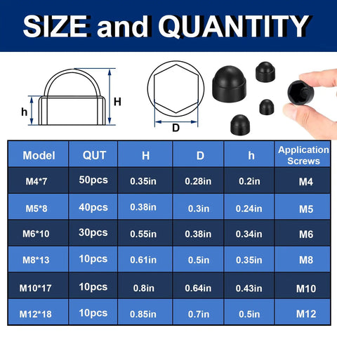 Top Notch Assorted 150 Piece Screw Cap Kit M4 To M12 Sizes showing size specifications and quantity for heavy duty protective covers.