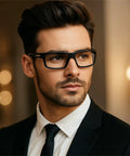 Man wearing Blue Light Blocking Wraparound Reading Glasses For Men, 1.75 Diopter Sport Goggles With UV400 Protection, Eye Strain Relief.