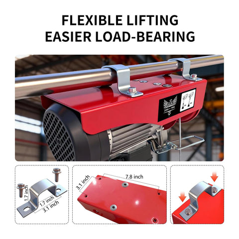 Heavy Duty 440 Lb Electric Hoist With 110V Winch And 14Ft Wired Remote Control, showing mounting brackets and dimensions.