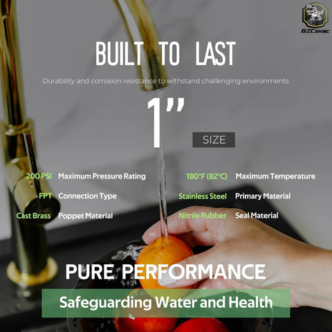 Front view banner of 1-inch no-lead brass check valve with backflow preventer; FNPT × FNPT connections