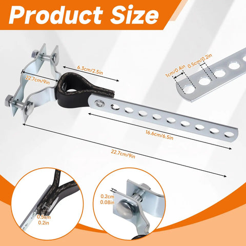 Rugged RV Exhaust Hanger For Generators And Onan 2500 4000 5500 Cummins Odyssey 1-1/2 Inch Tailpipe Replacement 1552174 155-2174 Easy Install And Durable with dimensions and close-up details.