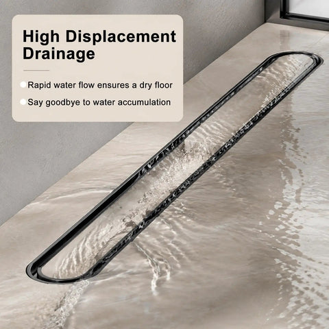 Heavy Duty 304 Stainless Steel Rounded Linear Shower Drain With Reversible Tile Insert Cover in matte black, ensuring high water displacement.