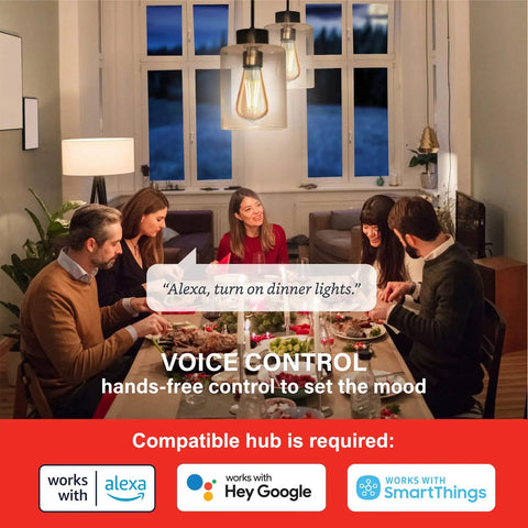 Group enjoying dinner under Zigbee Smart Edison Bulbs 6 Pack Hub Required For SmartThings And Echo Built In Hub Compatible Voice Control