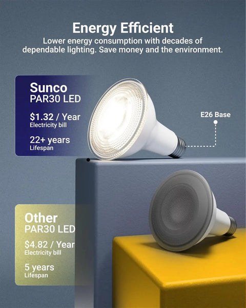 Energy efficient comparison of Sunco PAR30 Dusk to Dawn LED Flood Light Bulb with Photocell Sensor and other PAR30 bulb