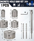 Front view: Sollar 11-piece concrete hole saw kit with 30–100 mm carbide-tipped saws, SDS Plus & MAX shanks, drill bits.