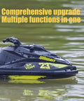 High Speed Turbo RC Jet Boat With Dual Batteries, 2.4GHz Remote shown on lake surface with yellow accents.