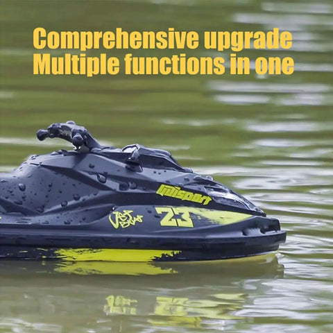 High Speed Turbo RC Jet Boat With Dual Batteries, 2.4GHz Remote shown on lake surface with yellow accents.