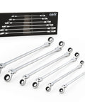 Six Piece Metric Ratcheting Wrench Set With Flex Heads 8 To 19 mm Extra Long 72 Tooth Gear Double Box End Heavy Duty Steel
