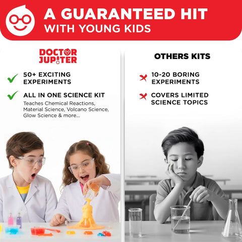 Ultimate Science Experiments Kit For Kids Ages 8 and Up With 50 Plus Fun Experiments Color Changing Volcanoes Rainbow Crystals Hands On STEM Learning Easy To Follow Instructions Real Scientist Vibe For Curious Young Minds showing kids in lab coats with volcano experiment